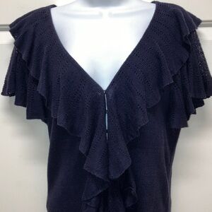 Ralph Lauren linen sweater, V-neckline & ruffle, flutter sleeve, navy blue, XL